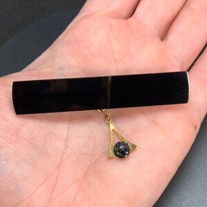 14K Yellow Gold  Antique Black Onyx Mourning Brooch w/ Flower Pendant 2.5" Long